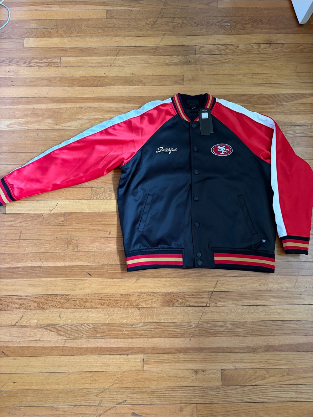 NFL San Francisco 49ers Satin Bomber Jacket - Black & Red
